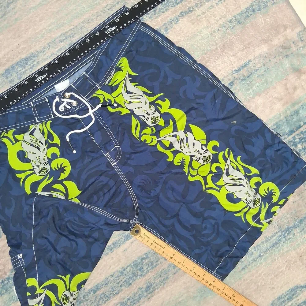 Vtg Rusty Board Shorts Men’s 32 Y2K Tribal Floral Long Surf Tiki Hawaiian Flame